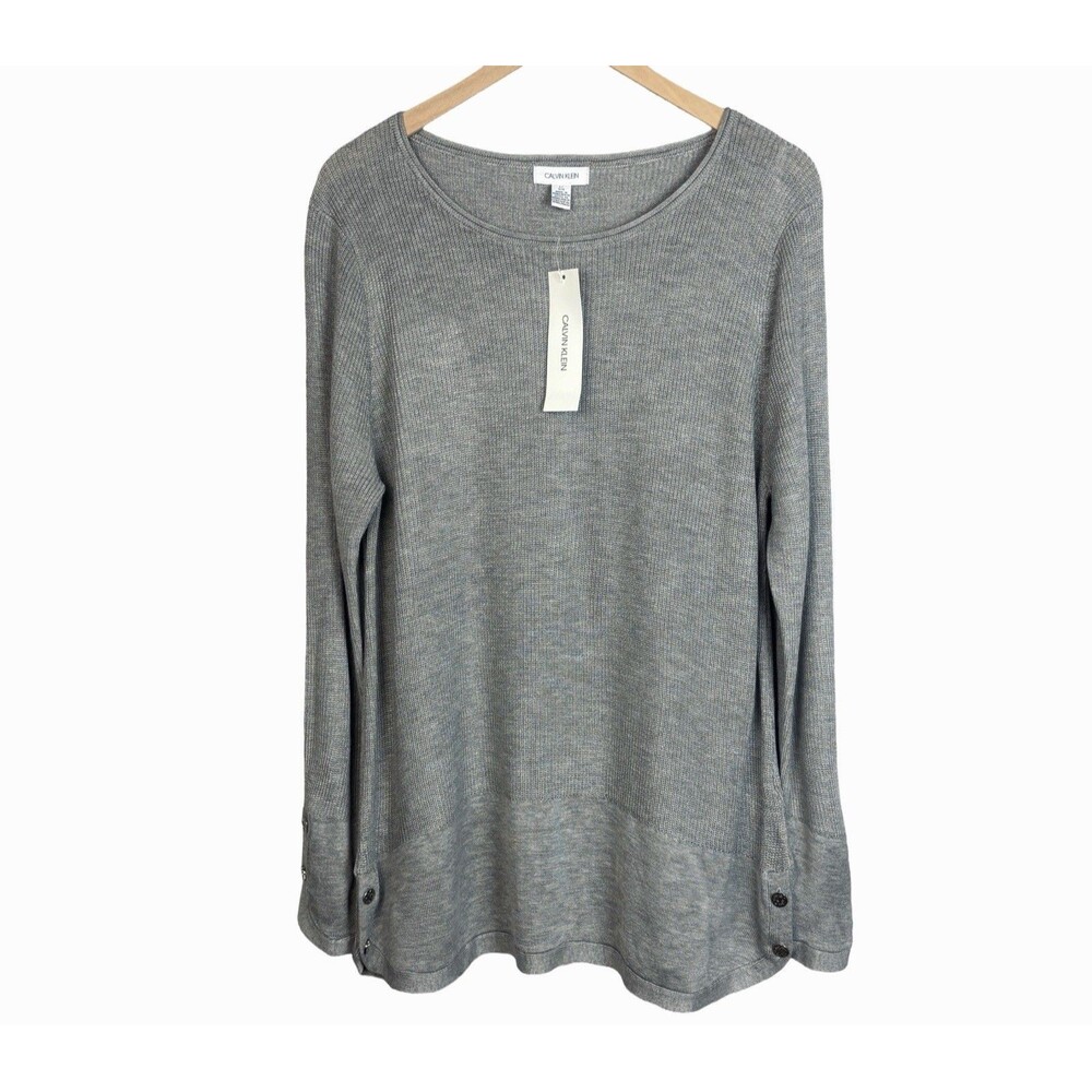 NEW Calvin Klein Sweater Women L Gray Waffle Knit Pullover Cozy Coastal Classic